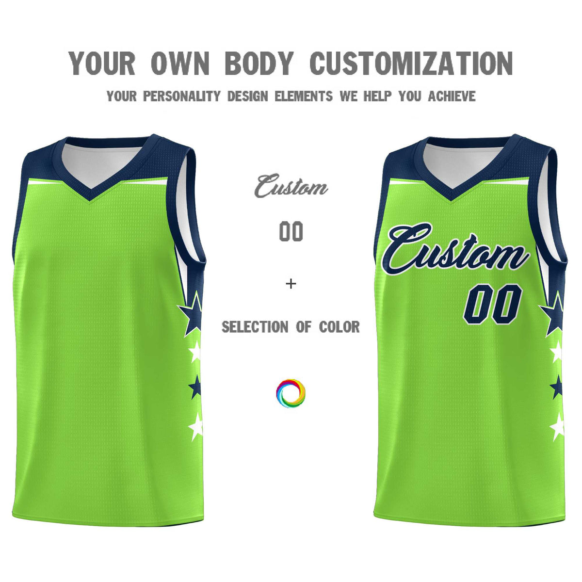 Custom Youth Basketball Uniform Fluorescent Green Navy Two Tone Side Star Personalized Team Jersey