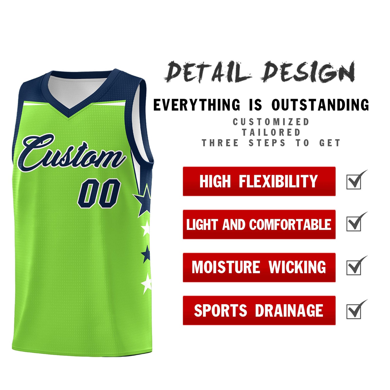 Custom Youth Basketball Uniform Fluorescent Green Navy Two Tone Side Star Personalized Team Jersey