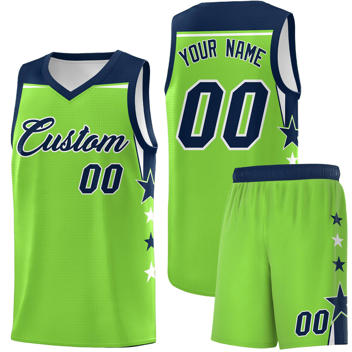 Custom Youth Basketball Uniform Fluorescent Green Navy Two Tone Side Star Personalized Team Jersey