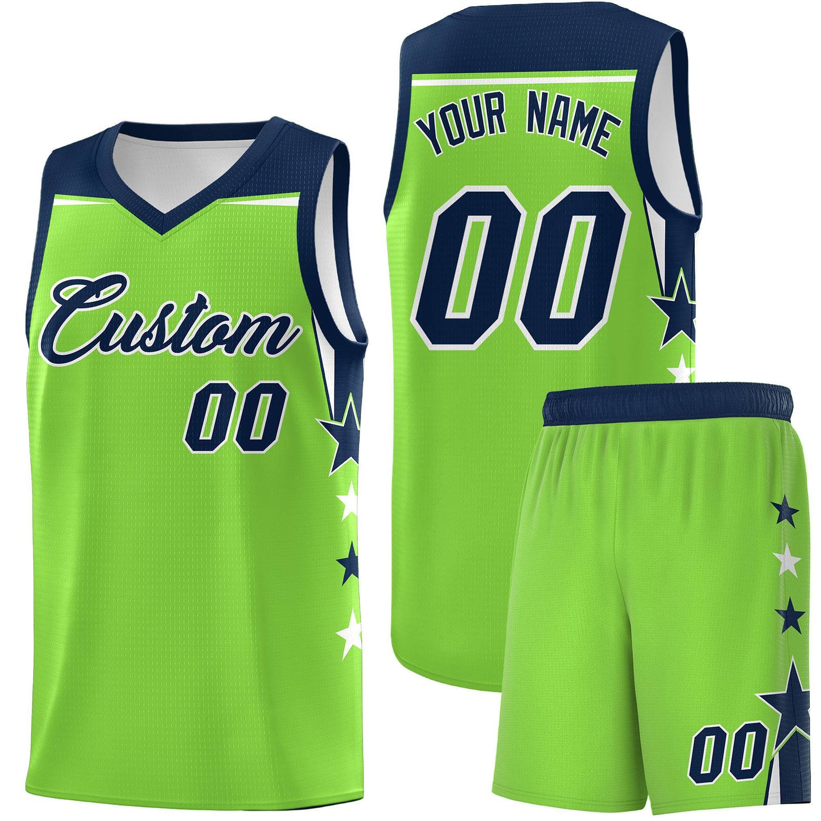 Custom Youth Basketball Uniform Fluorescent Green Navy Two Tone Side Star Personalized Team Jersey