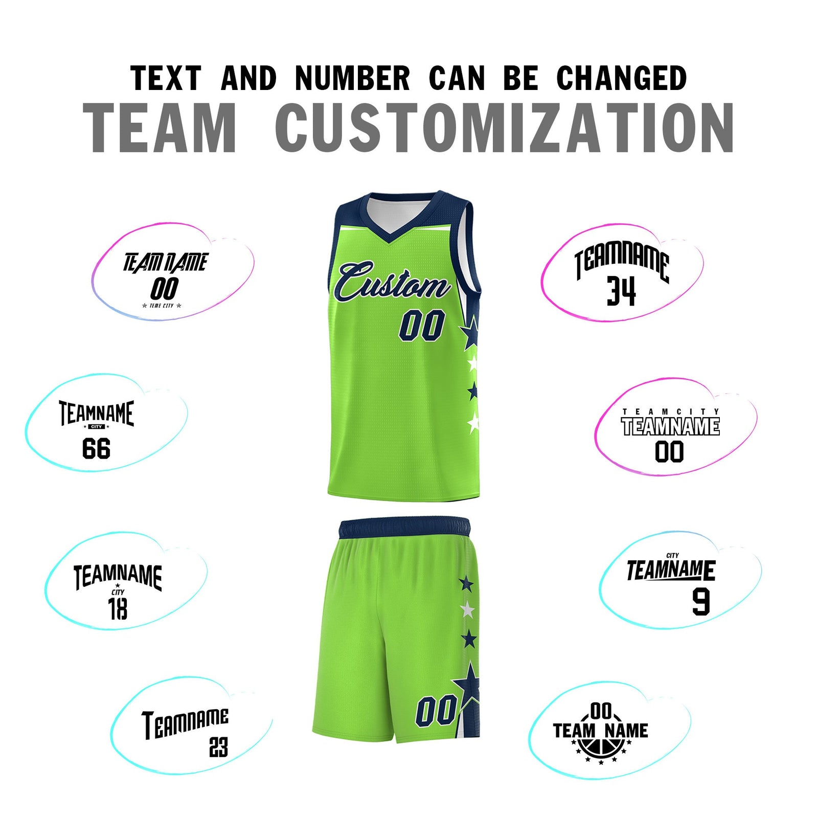 Custom Youth Basketball Uniform Fluorescent Green Navy Two Tone Side Star Personalized Team Jersey