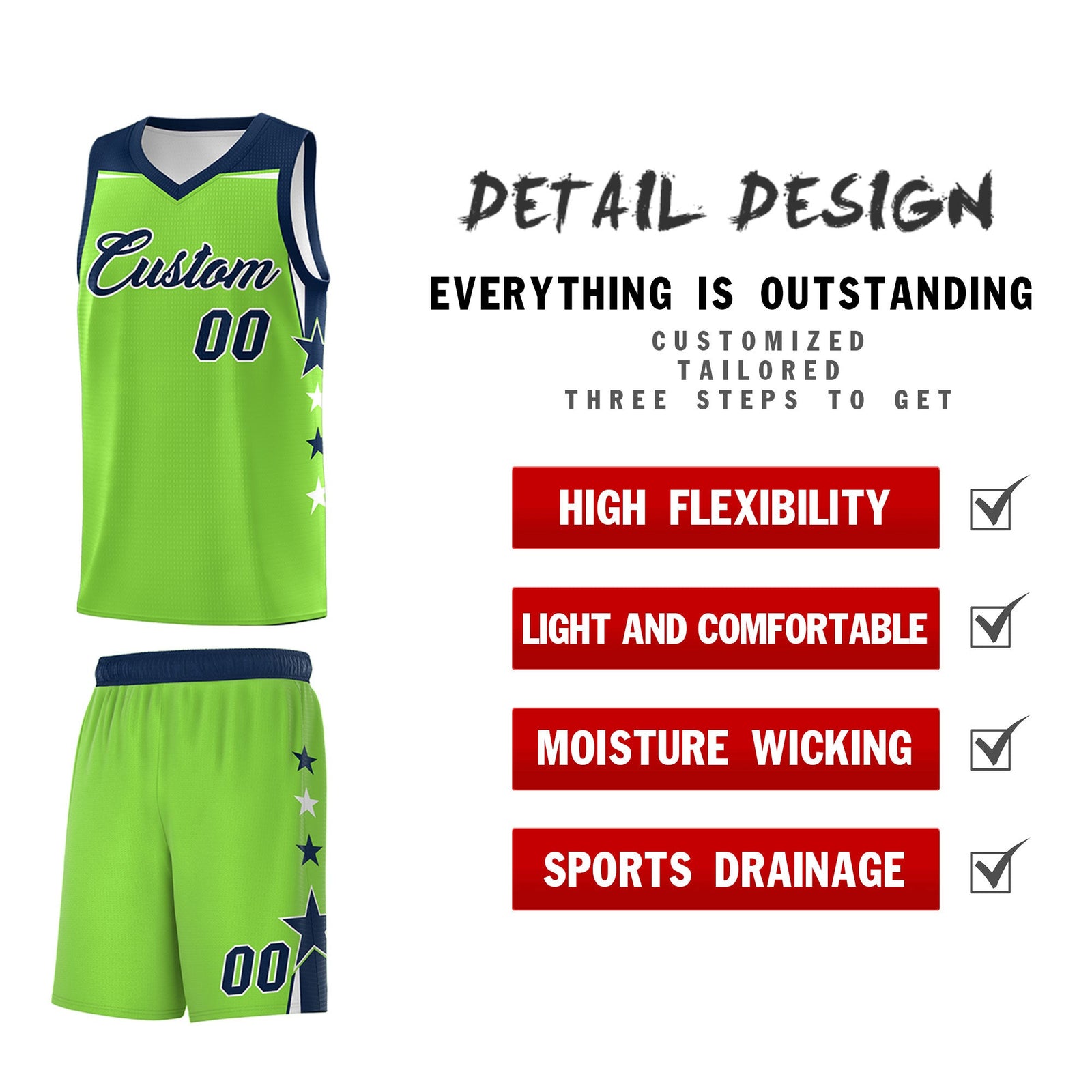 Custom Youth Basketball Uniform Fluorescent Green Navy Two Tone Side Star Personalized Team Jersey