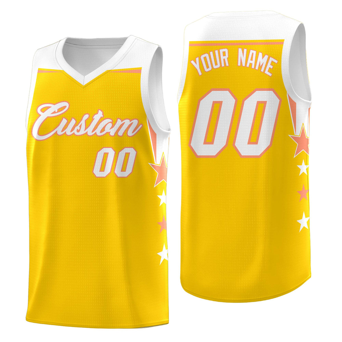 Custom Youth Basketball Uniform Gold White Two Tone Side Star Color Block Team Jersey