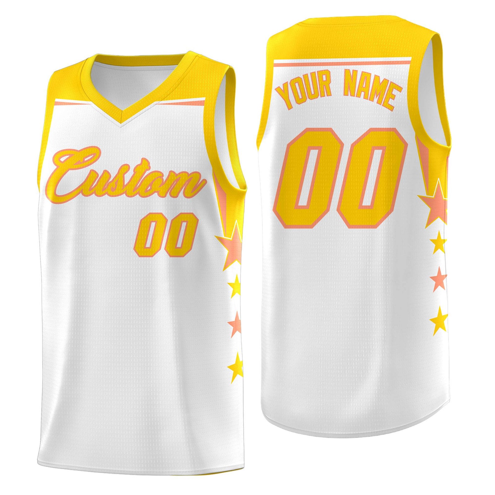 Custom Youth Basketball Uniform White Gold Two Tone Side Star Add Name Number & Logo