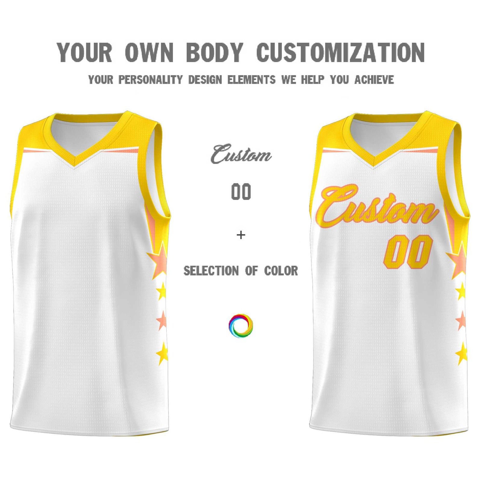 Custom Youth Basketball Uniform White Gold Two Tone Side Star Add Name Number & Logo