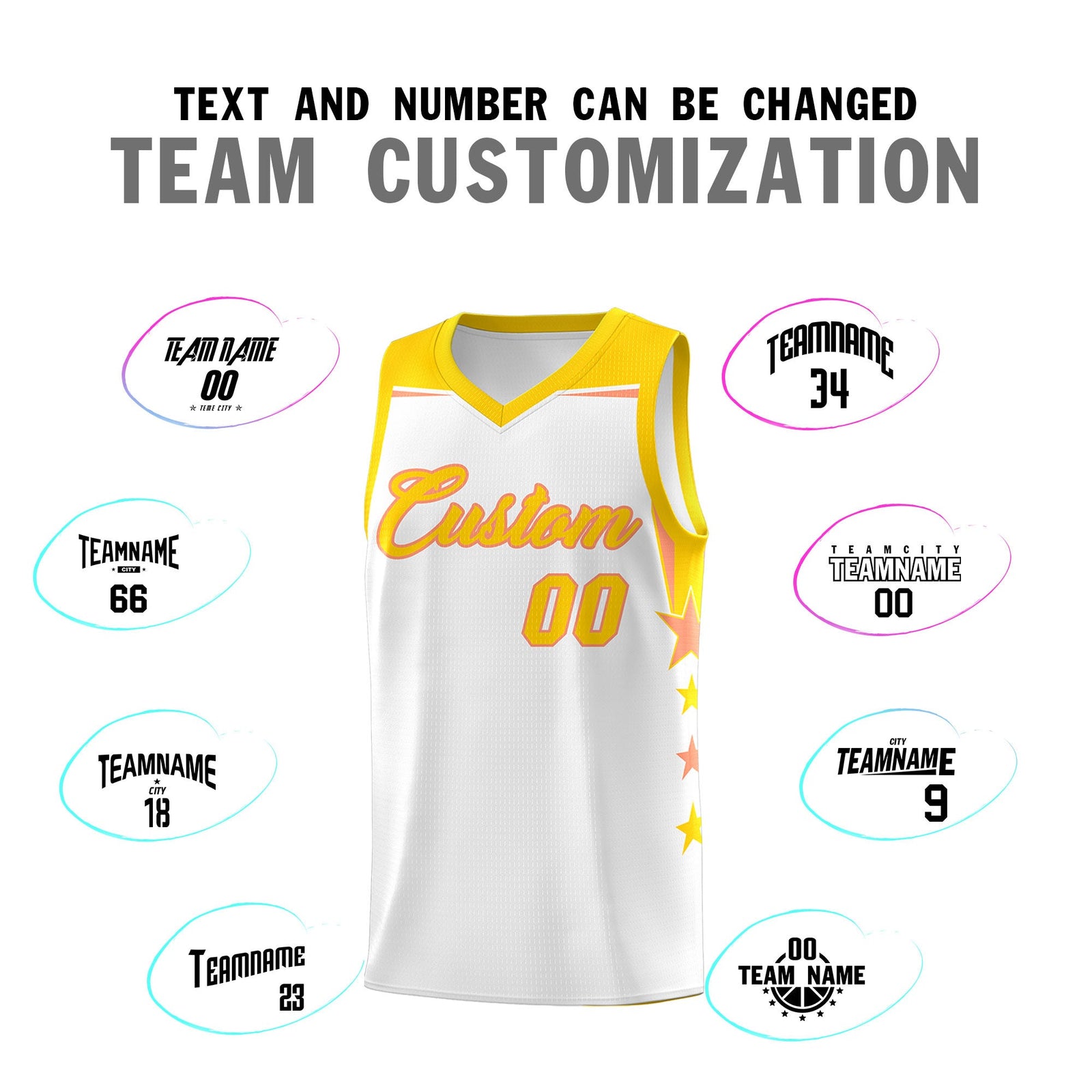 Custom Youth Basketball Uniform White Gold Two Tone Side Star Add Name Number & Logo