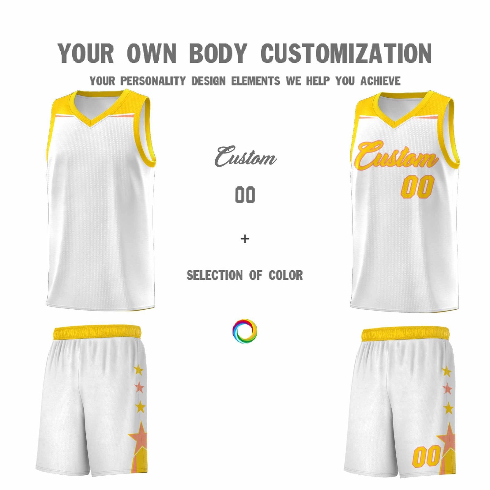 Custom Youth Basketball Uniform White Gold Two Tone Side Star Add Name Number & Logo