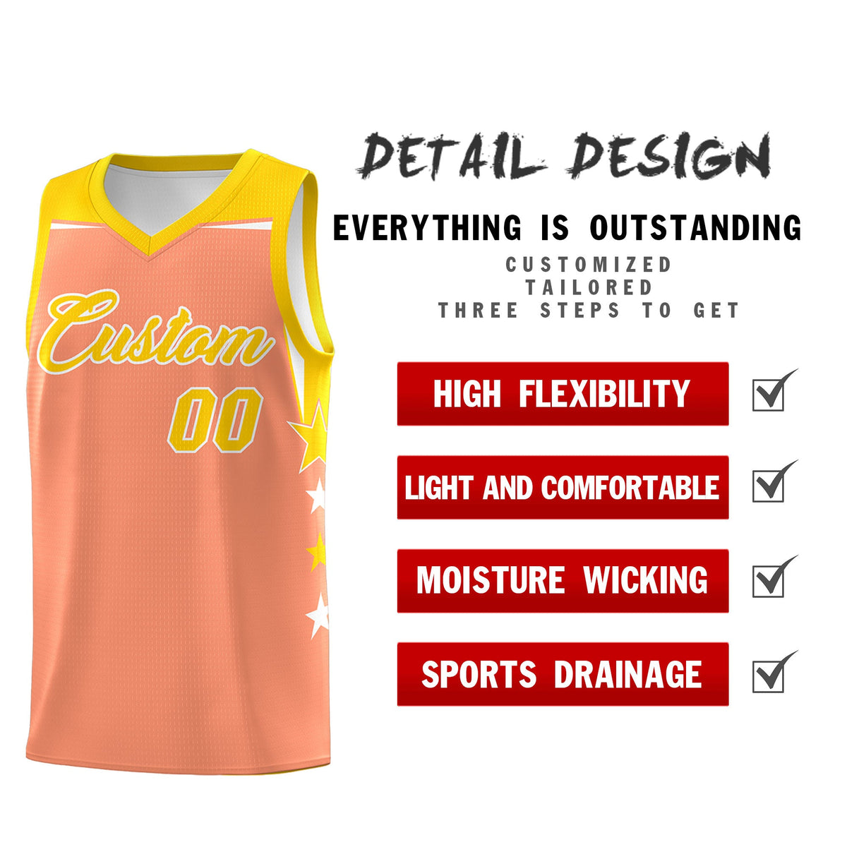 Custom Youth Basketball Uniform Light Orange Gold Two Tone Side Star Personalized Team Jersey
