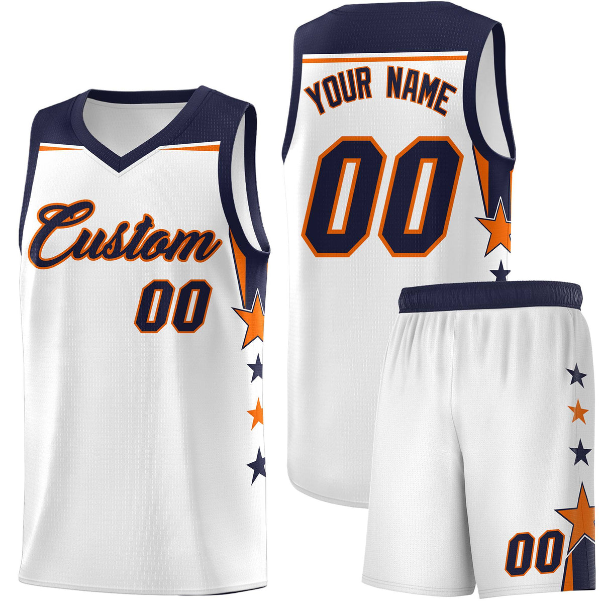 Custom Youth Basketball Uniform White Navy Two Tone Side Star Add Name Number &amp; Logo