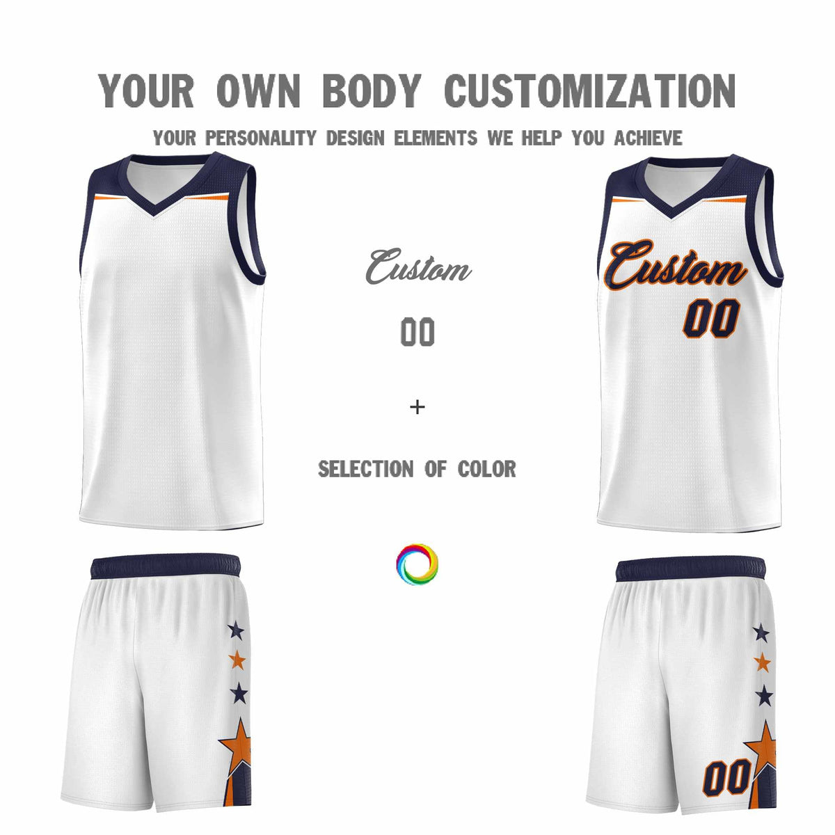 Custom Youth Basketball Uniform White Navy Two Tone Side Star Add Name Number &amp; Logo