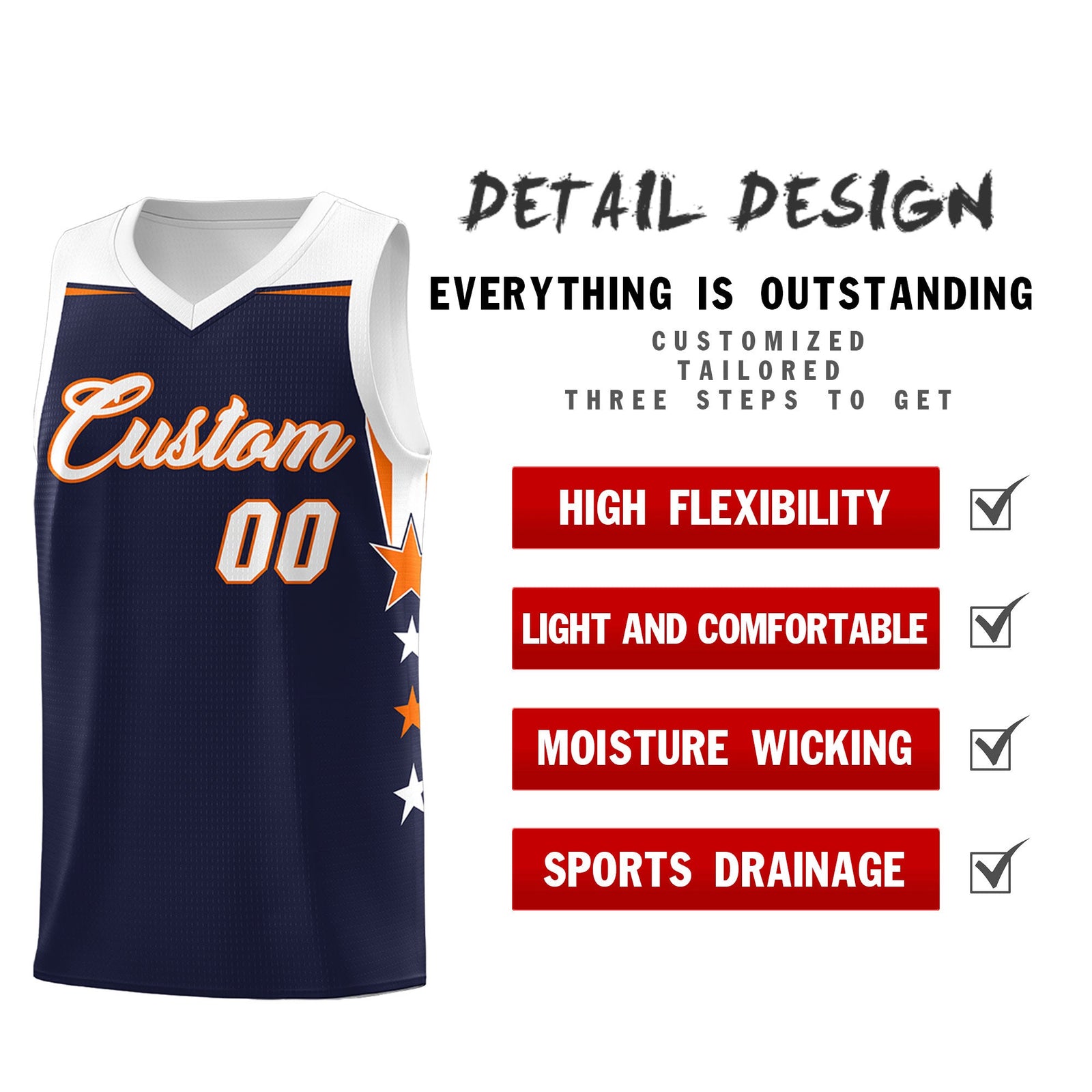 Custom Youth Basketball Uniform Navy White Two Tone Side Star Personalized Team Jersey