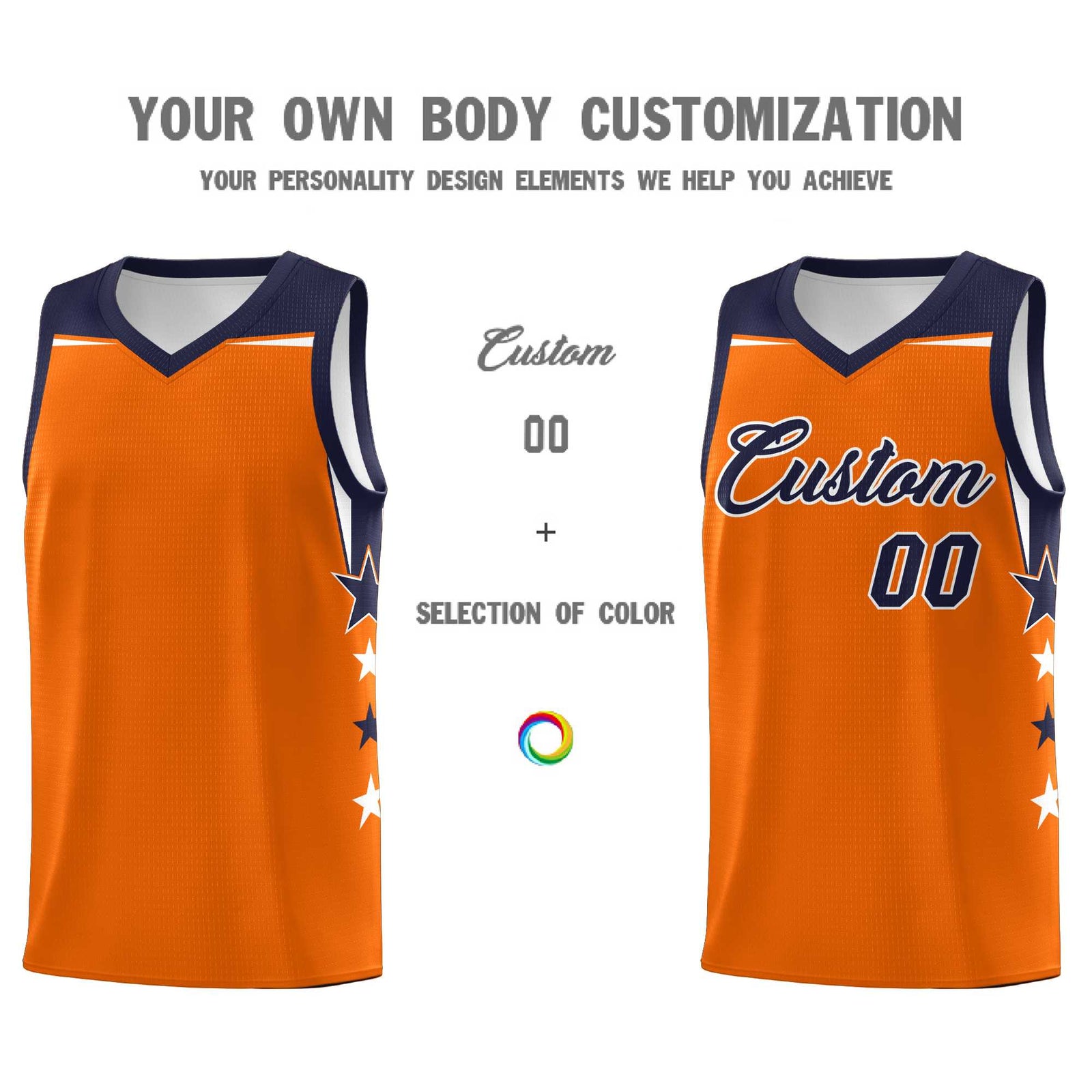 Custom Youth Basketball Uniform Orange Navy Two Tone Side Star Color Block Team Jersey