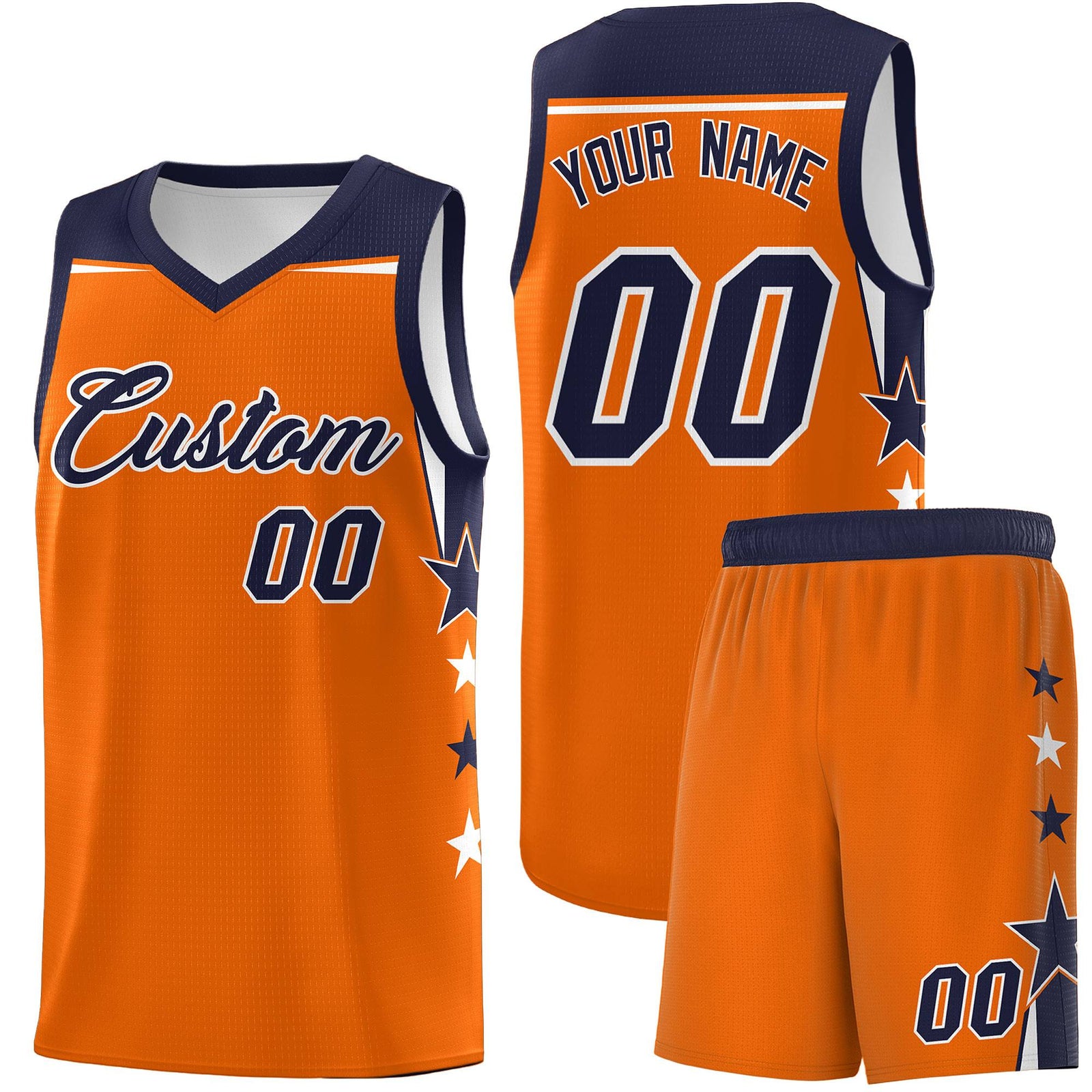 Custom Youth Basketball Uniform Orange Navy Two Tone Side Star Color Block Team Jersey