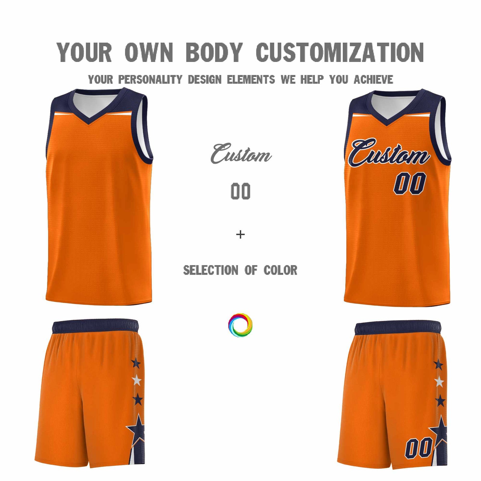 Custom Youth Basketball Uniform Orange Navy Two Tone Side Star Color Block Team Jersey