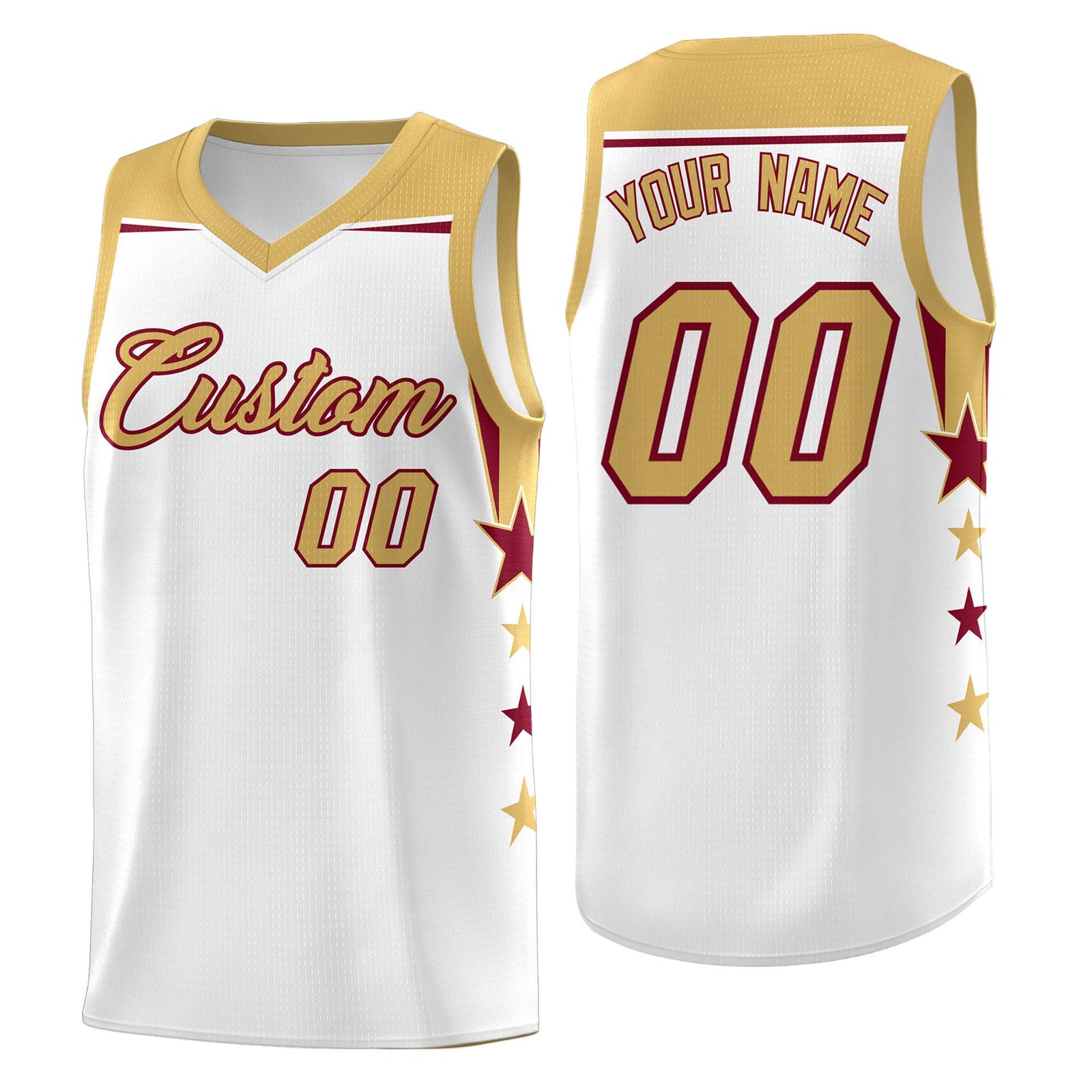 Custom Youth Basketball Uniform White Old Gold Two Tone Side Star Add Name Number & Logo
