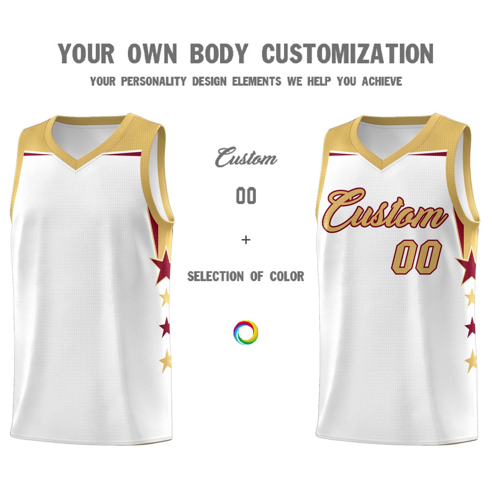 Custom Youth Basketball Uniform White Old Gold Two Tone Side Star Add Name Number & Logo
