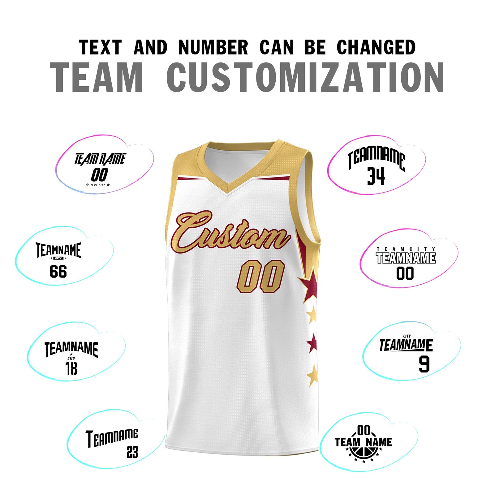 Custom Youth Basketball Uniform White Old Gold Two Tone Side Star Add Name Number & Logo