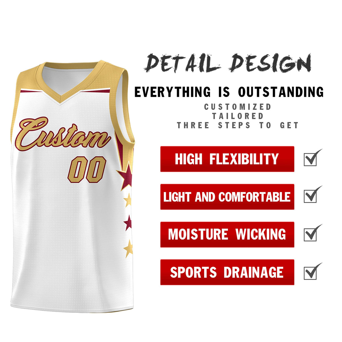 Custom Youth Basketball Uniform White Old Gold Two Tone Side Star Add Name Number &amp; Logo