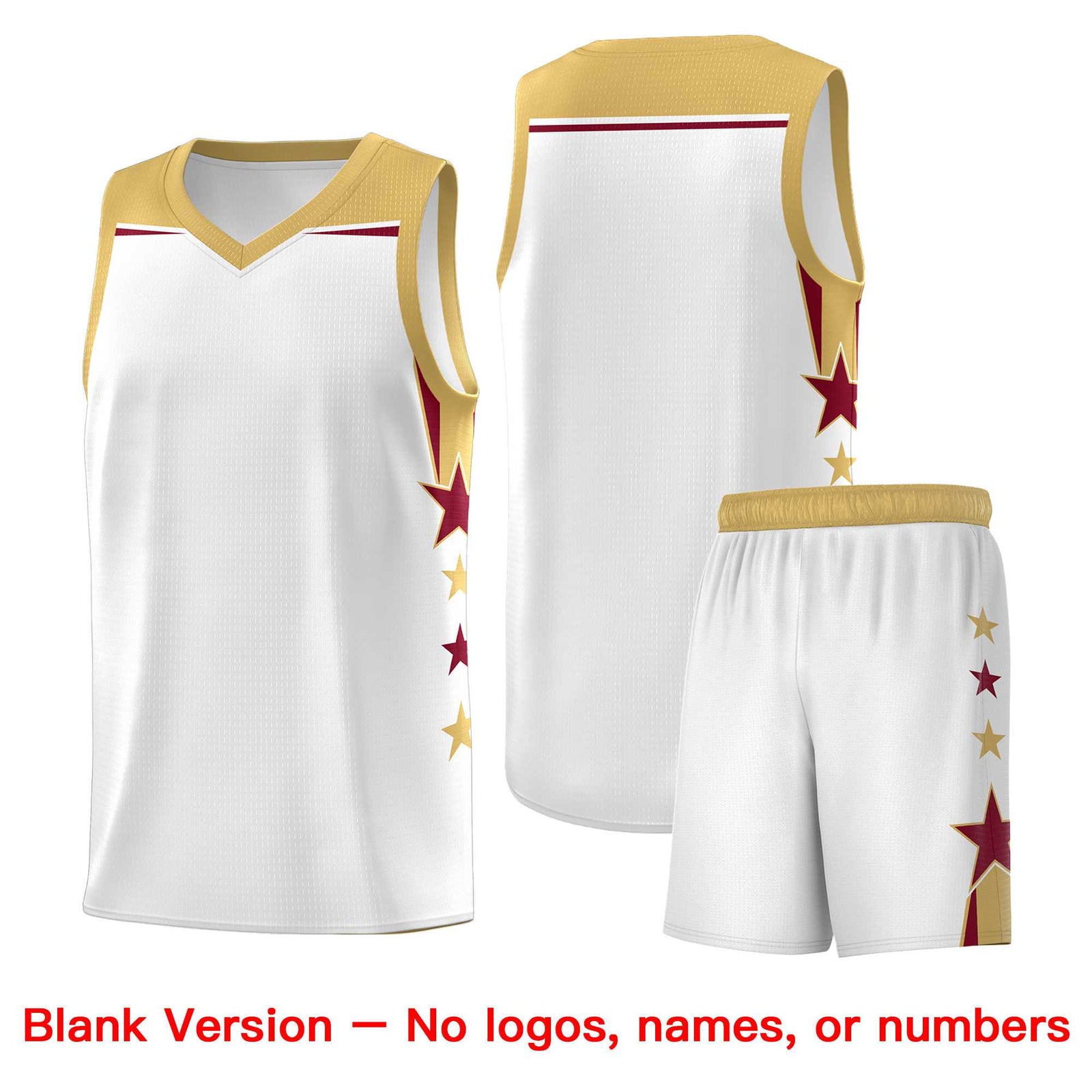 Custom Youth Basketball Uniform White Old Gold Two Tone Side Star Add Name Number & Logo