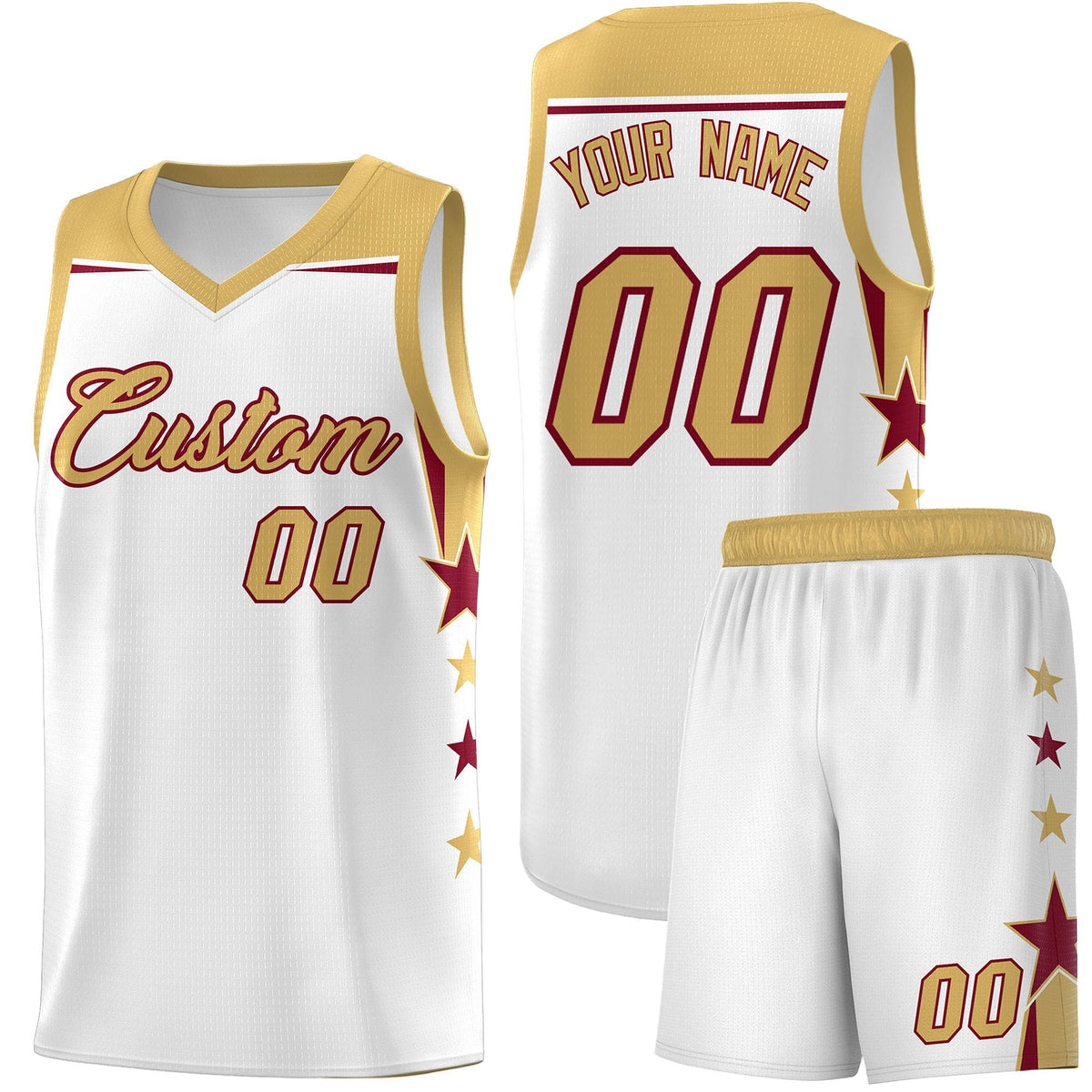 Custom Youth Basketball Uniform White Old Gold Two Tone Side Star Add Name Number &amp; Logo