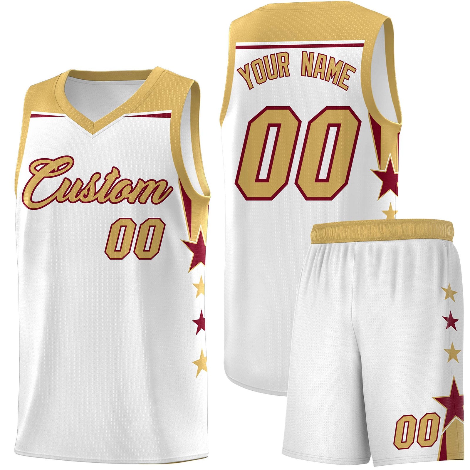 Custom Youth Basketball Uniform White Old Gold Two Tone Side Star Add Name Number & Logo