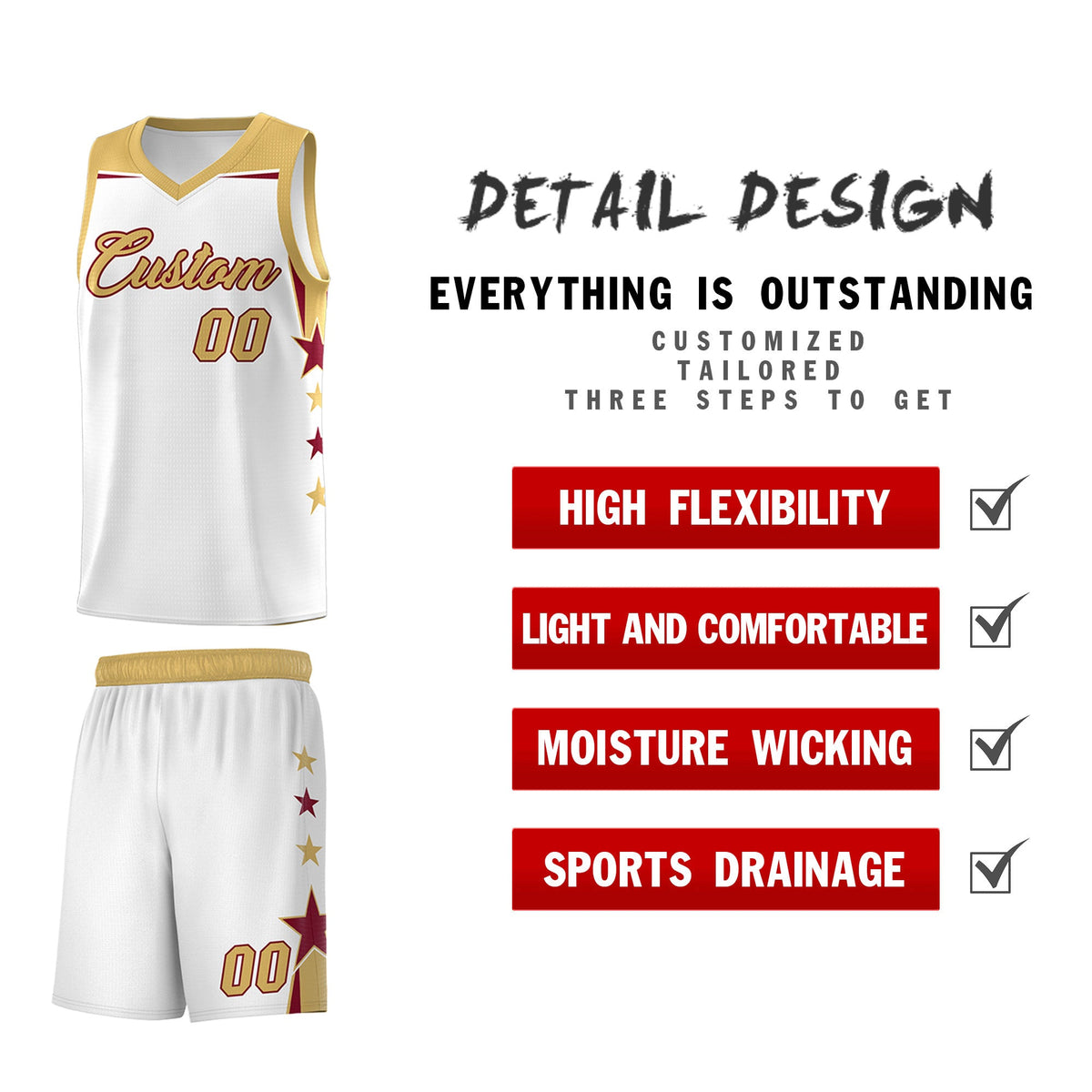Custom Youth Basketball Uniform White Old Gold Two Tone Side Star Add Name Number &amp; Logo