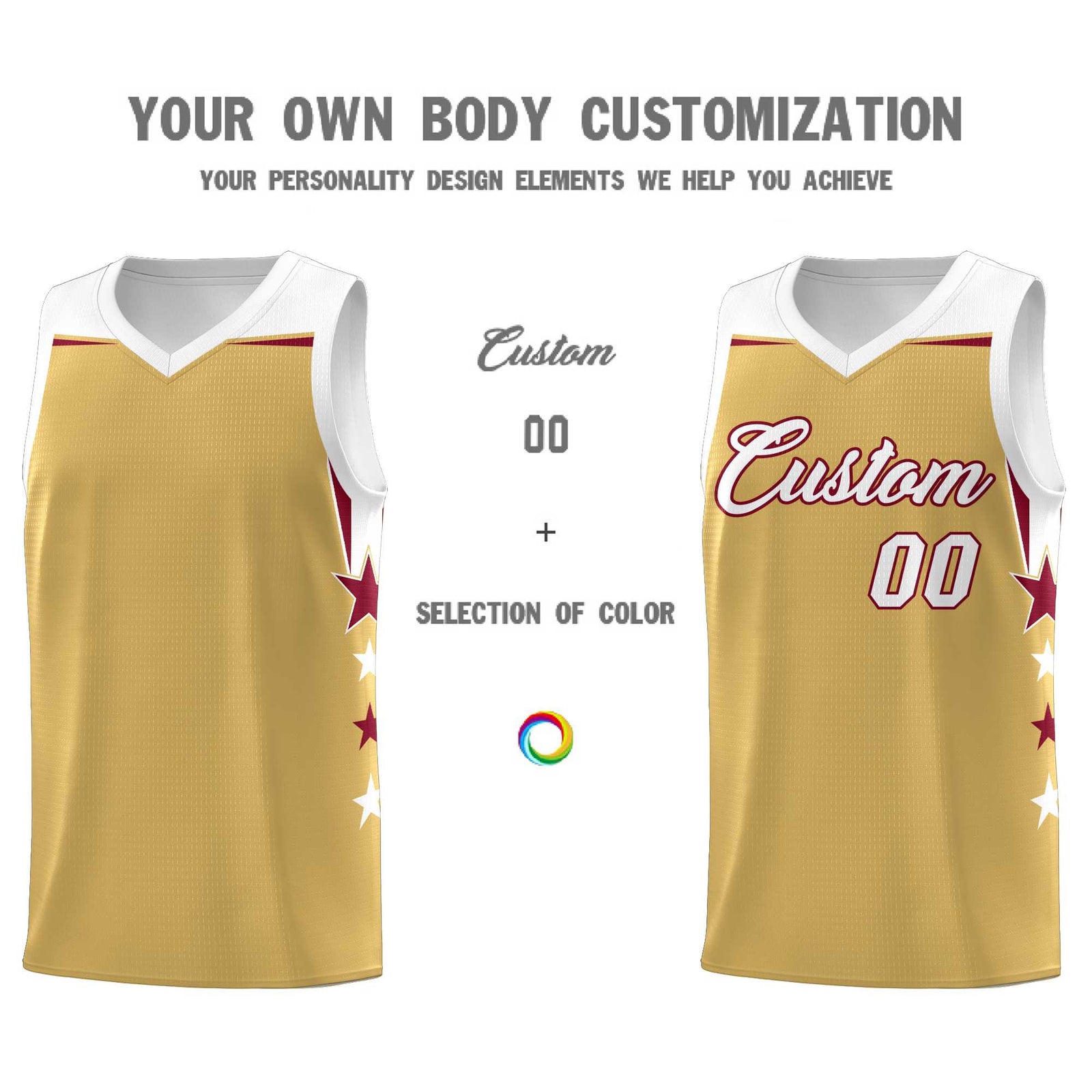 Custom Youth Basketball Uniform Old Gold White Two Tone Side Star Personalized Team Jersey