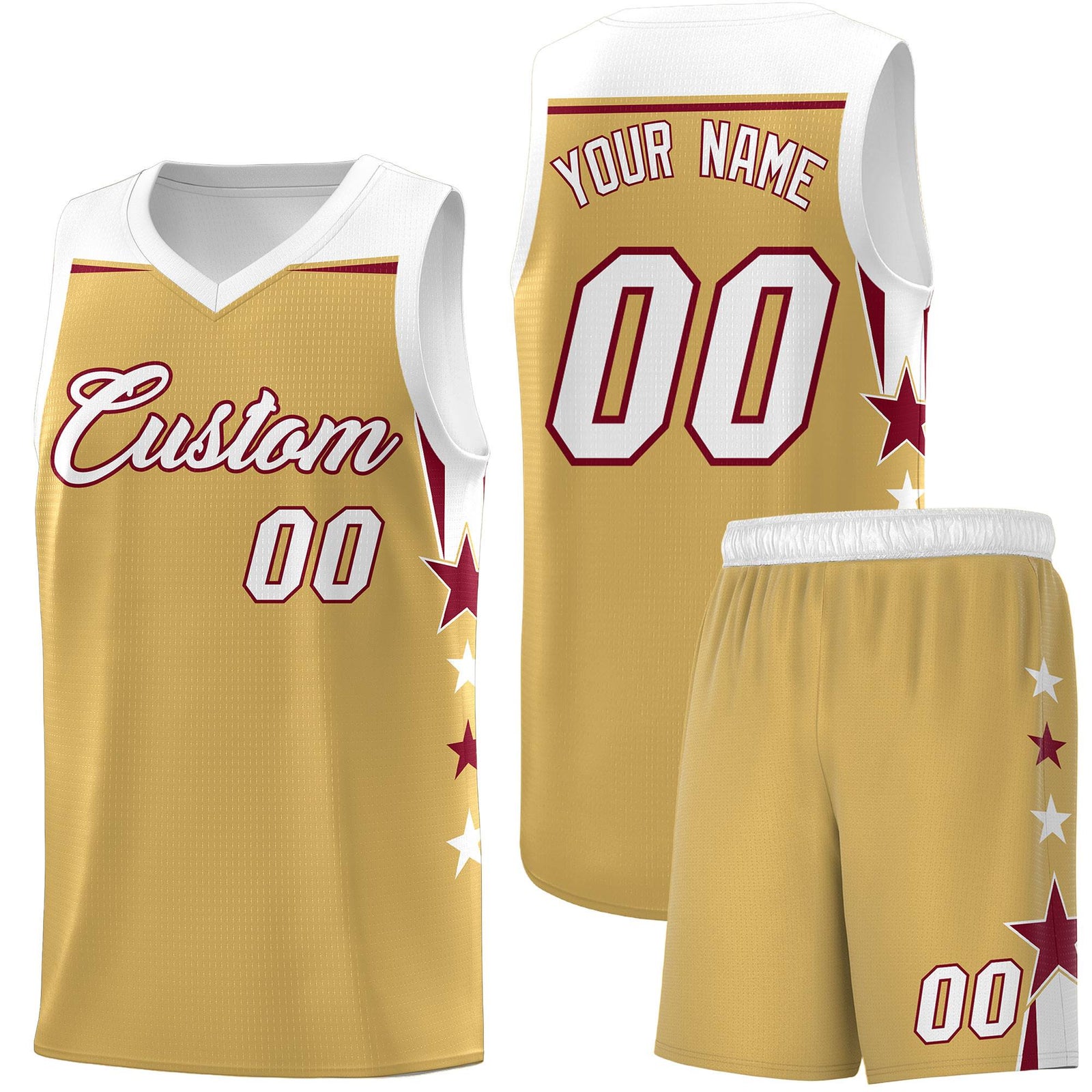 Custom Youth Basketball Uniform Old Gold White Two Tone Side Star Personalized Team Jersey
