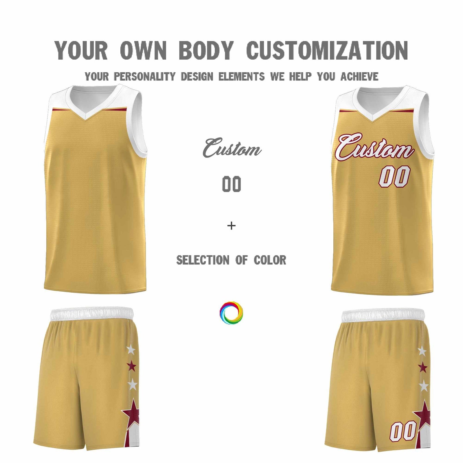 Custom Youth Basketball Uniform Old Gold White Two Tone Side Star Personalized Team Jersey