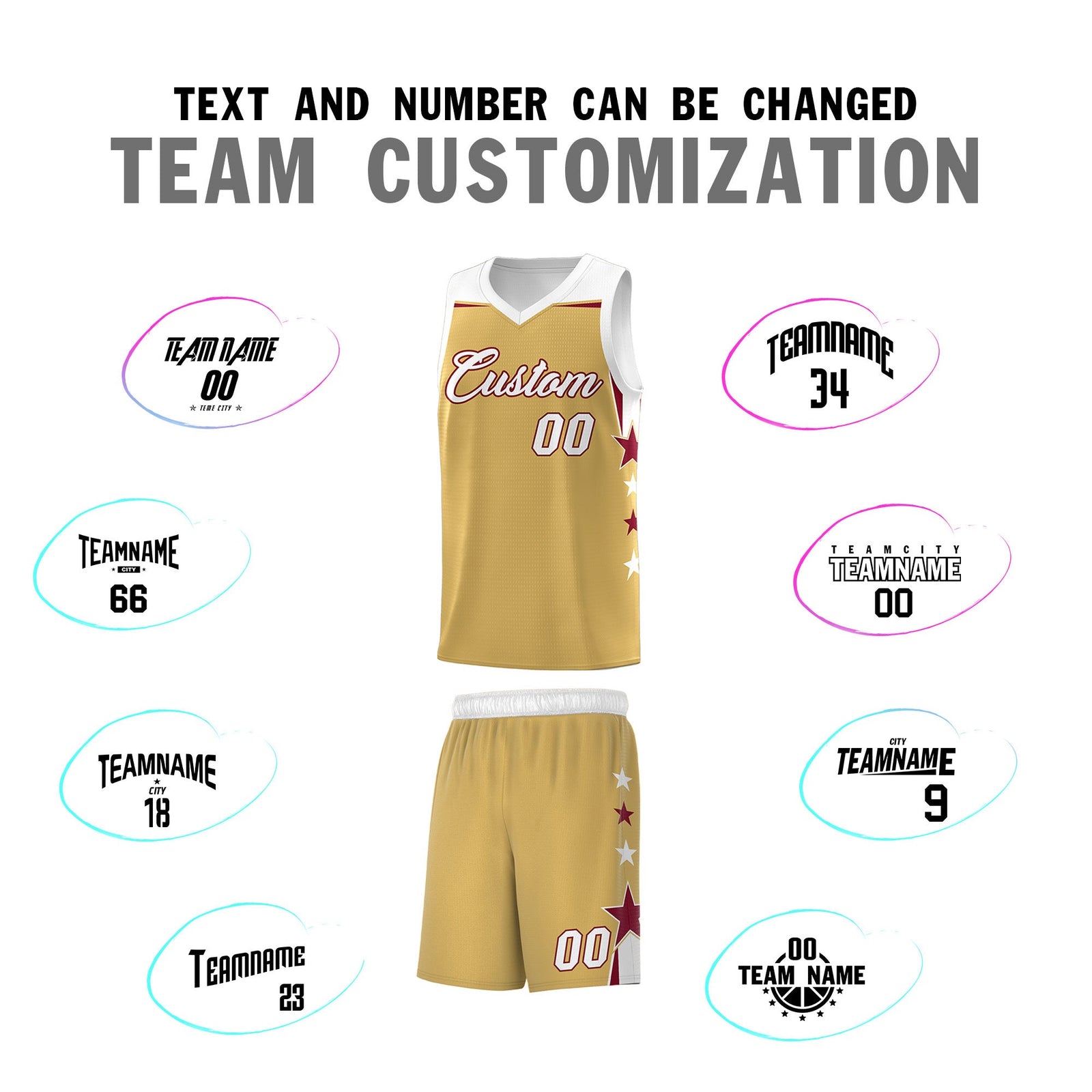 Custom Youth Basketball Uniform Old Gold White Two Tone Side Star Personalized Team Jersey