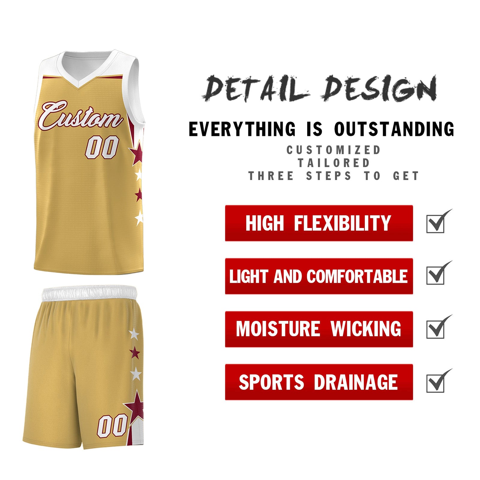 Custom Youth Basketball Uniform Old Gold White Two Tone Side Star Personalized Team Jersey