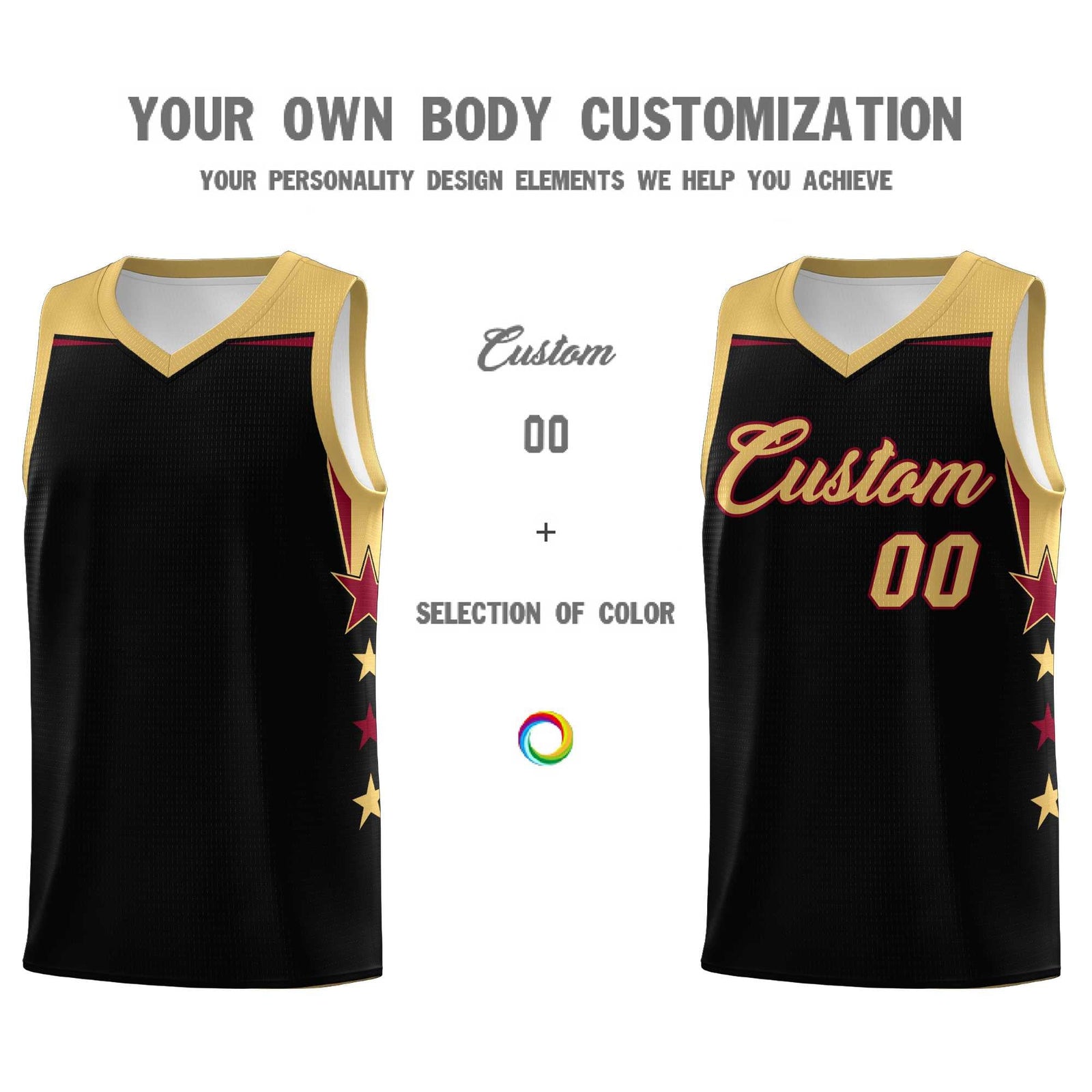 Custom Youth Basketball Uniform Black Old Gold Two Tone Side Star Add Name Number & Logo