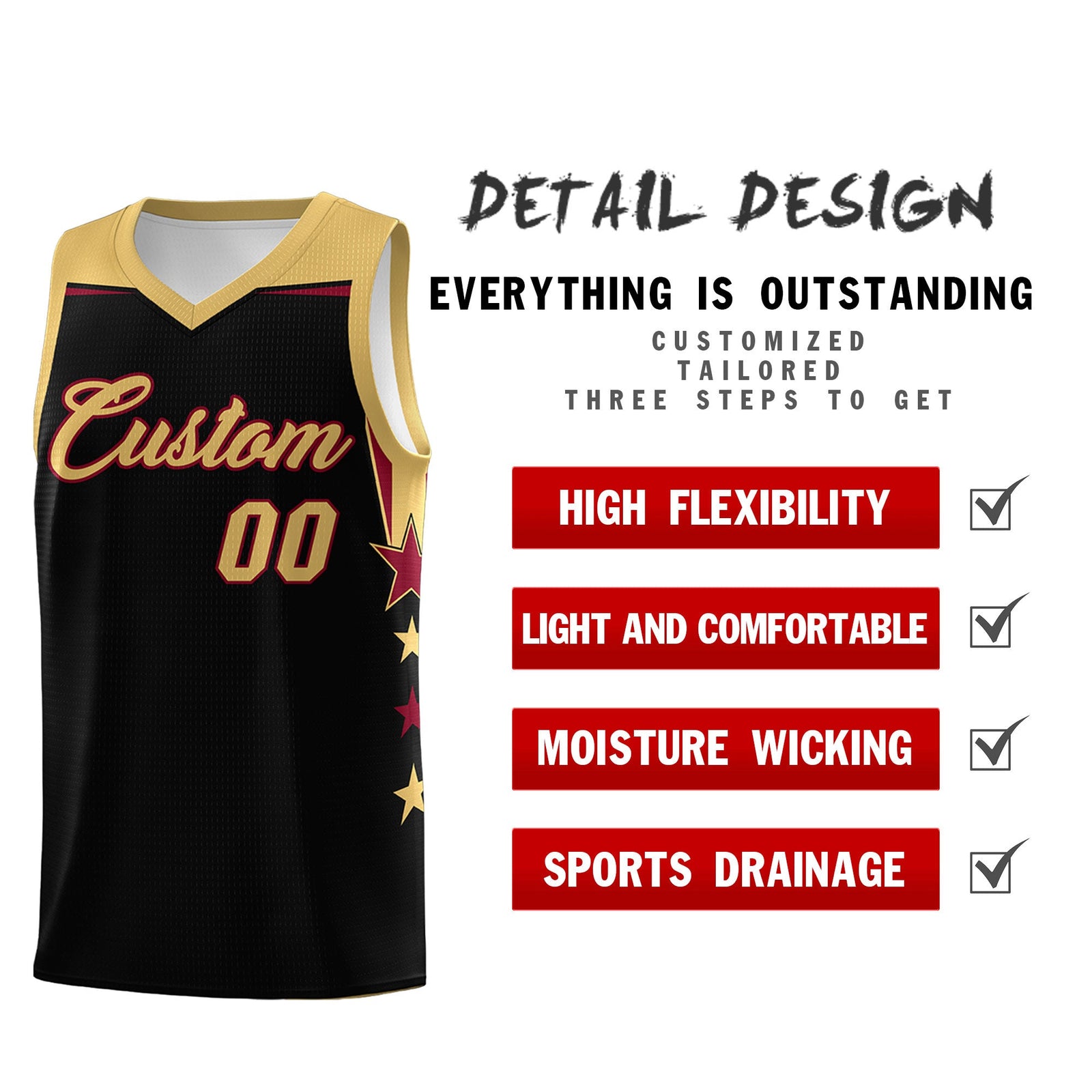 Custom Youth Basketball Uniform Black Old Gold Two Tone Side Star Add Name Number & Logo