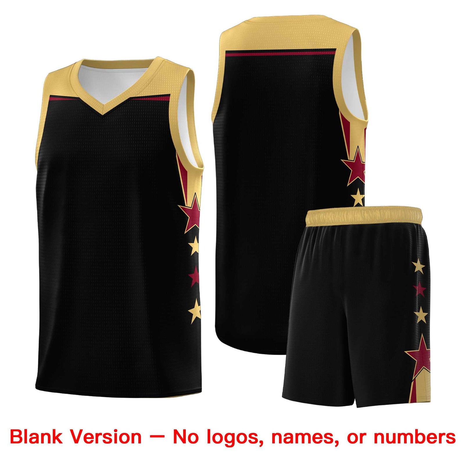 Custom Youth Basketball Uniform Black Old Gold Two Tone Side Star Add Name Number & Logo