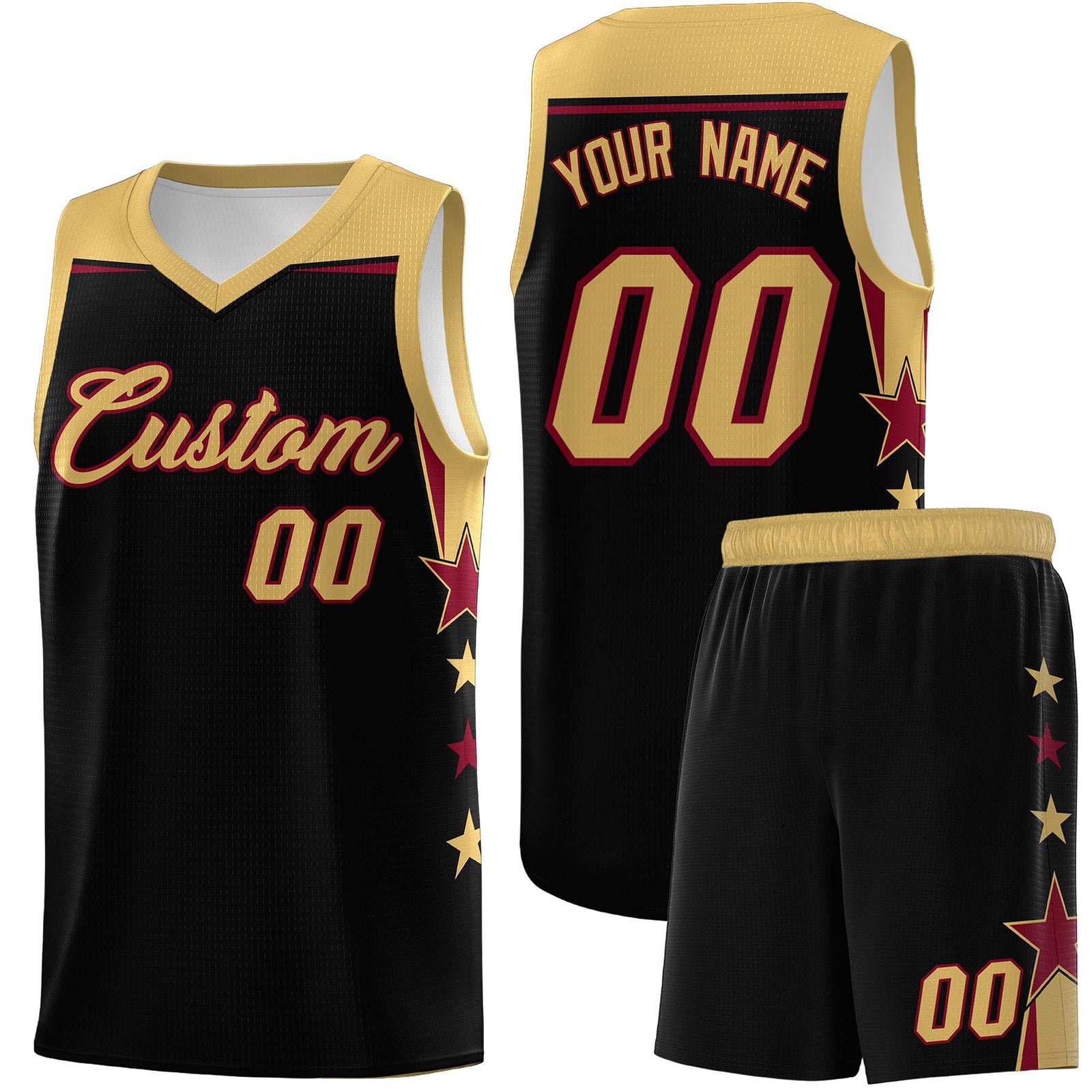 Custom Youth Basketball Uniform Black Old Gold Two Tone Side Star Add Name Number & Logo