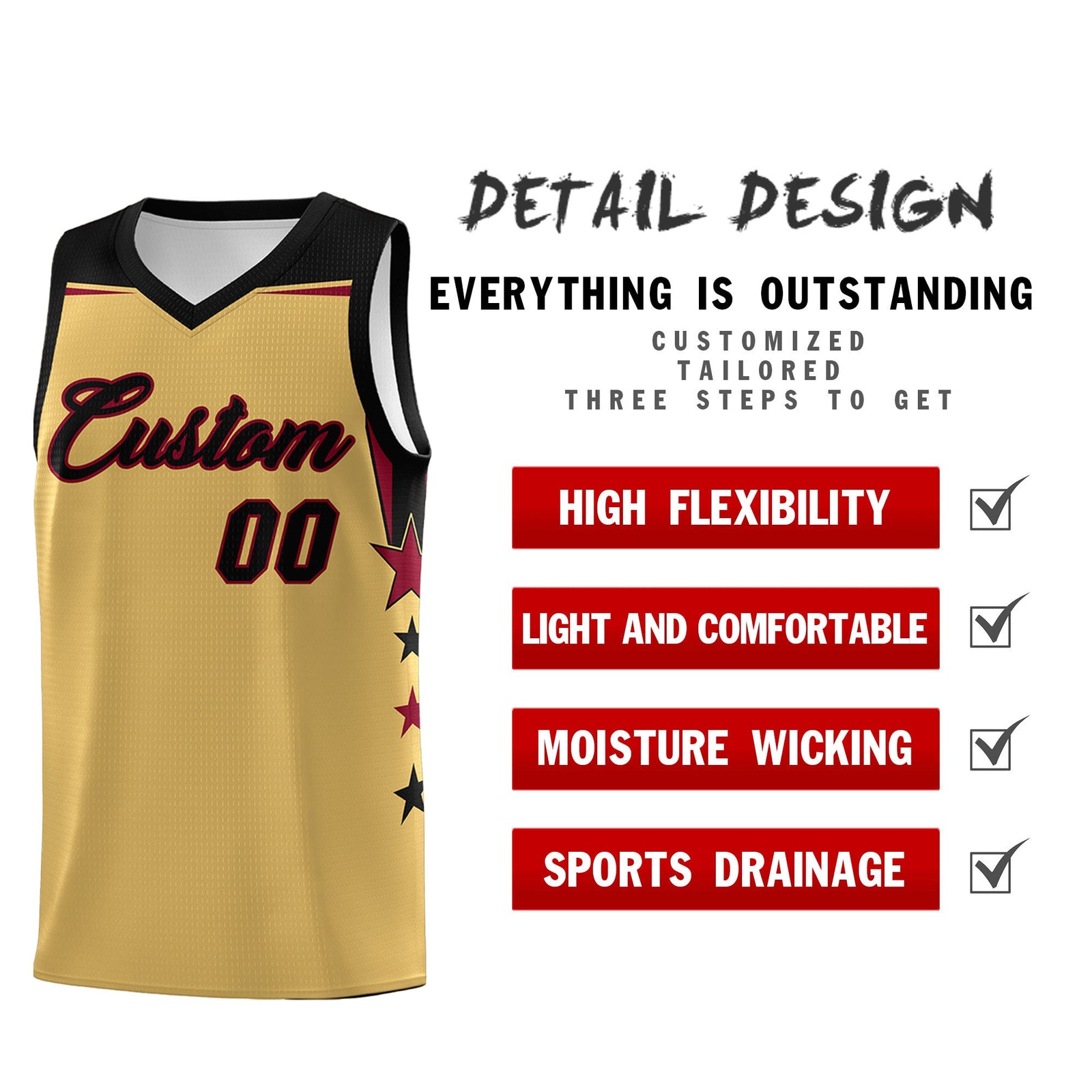 Custom Youth Basketball Uniform Old Gold Black Two Tone Side Star Personalized Team Jersey