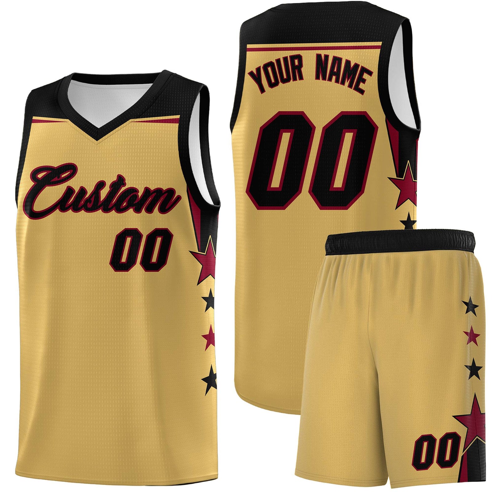 Custom Youth Basketball Uniform Old Gold Black Two Tone Side Star Personalized Team Jersey