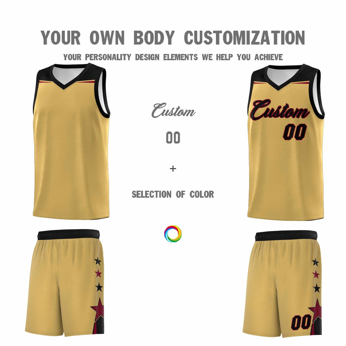 Custom Youth Basketball Uniform Old Gold Black Two Tone Side Star Personalized Team Jersey