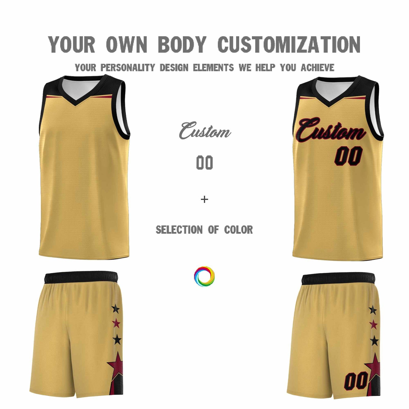Custom Youth Basketball Uniform Old Gold Black Two Tone Side Star Personalized Team Jersey