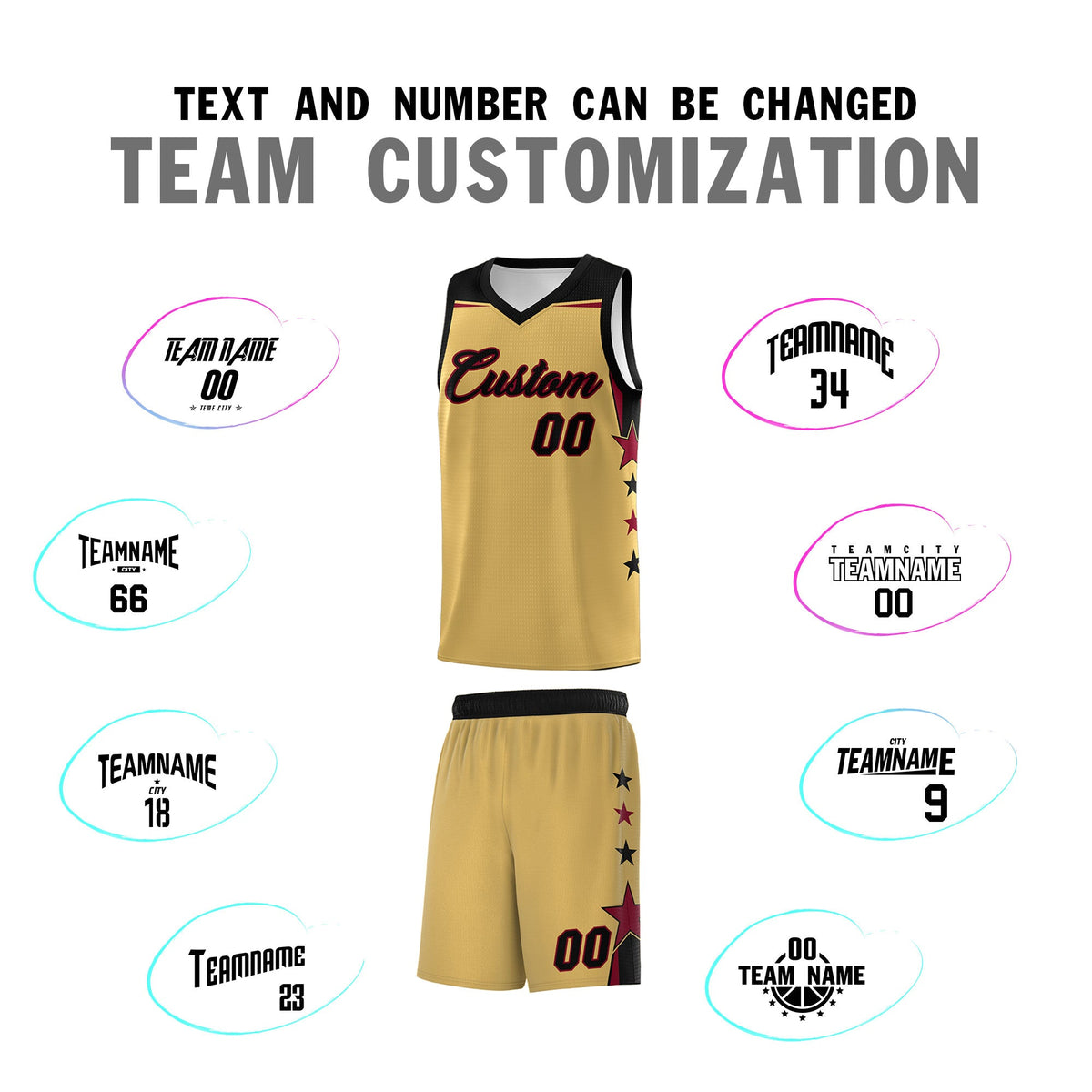 Custom Youth Basketball Uniform Old Gold Black Two Tone Side Star Personalized Team Jersey