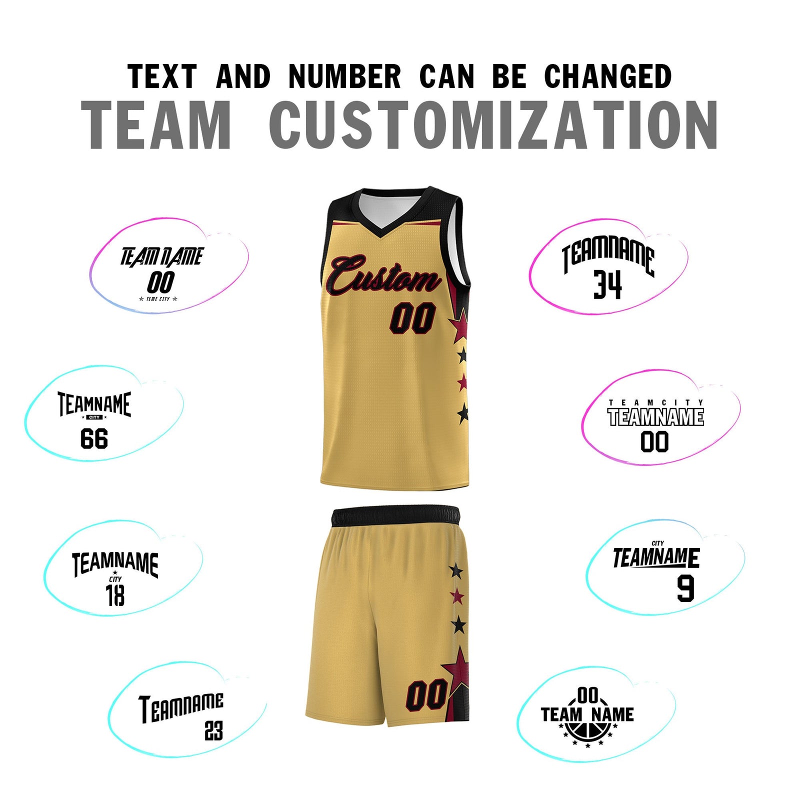Custom Youth Basketball Uniform Old Gold Black Two Tone Side Star Personalized Team Jersey