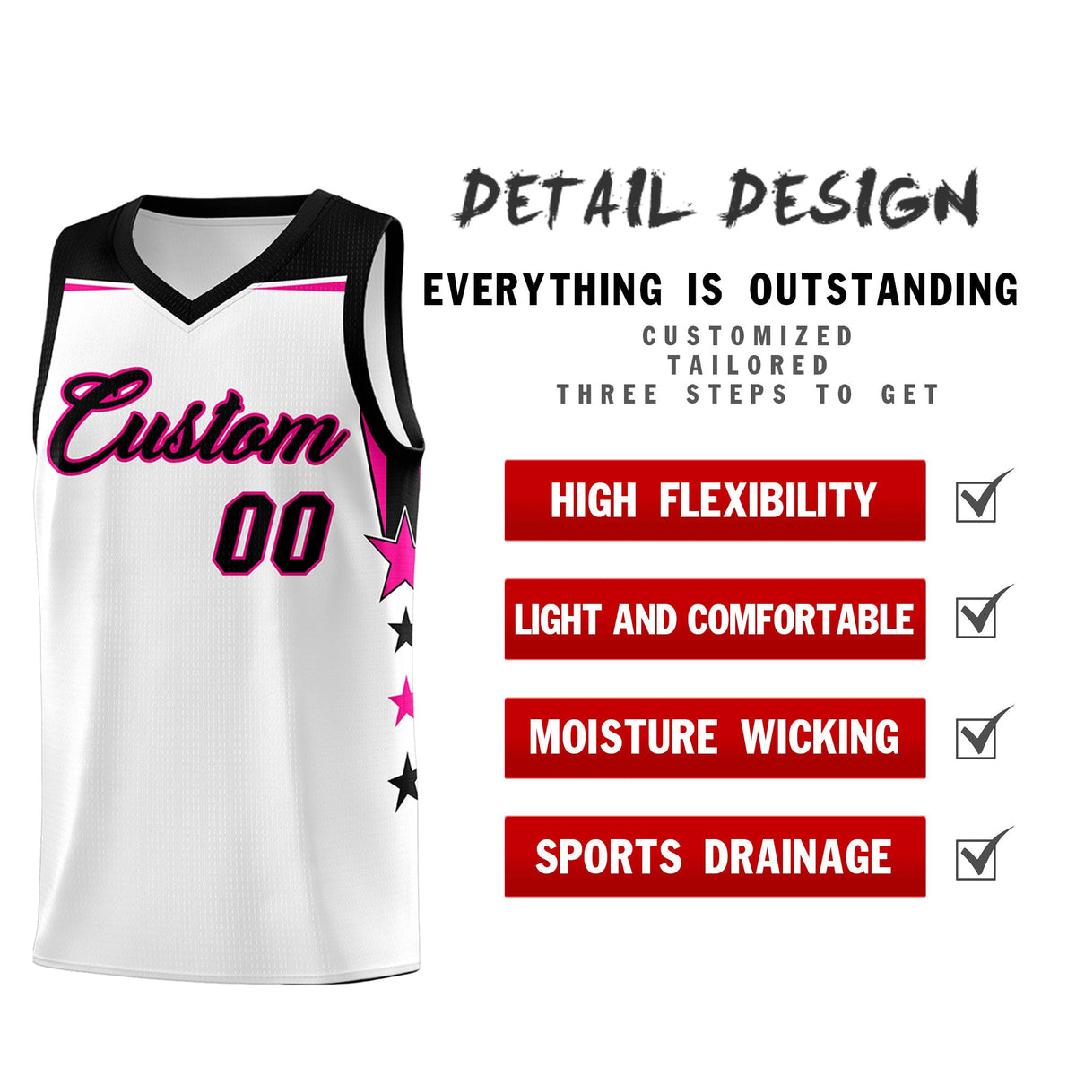 Custom Youth Basketball Uniform White Black Two Tone Side Star Add Name Number &amp; Logo