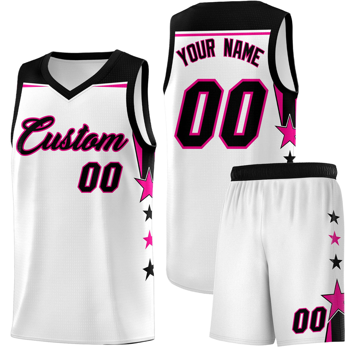 Custom Youth Basketball Uniform White Black Two Tone Side Star Add Name Number &amp; Logo