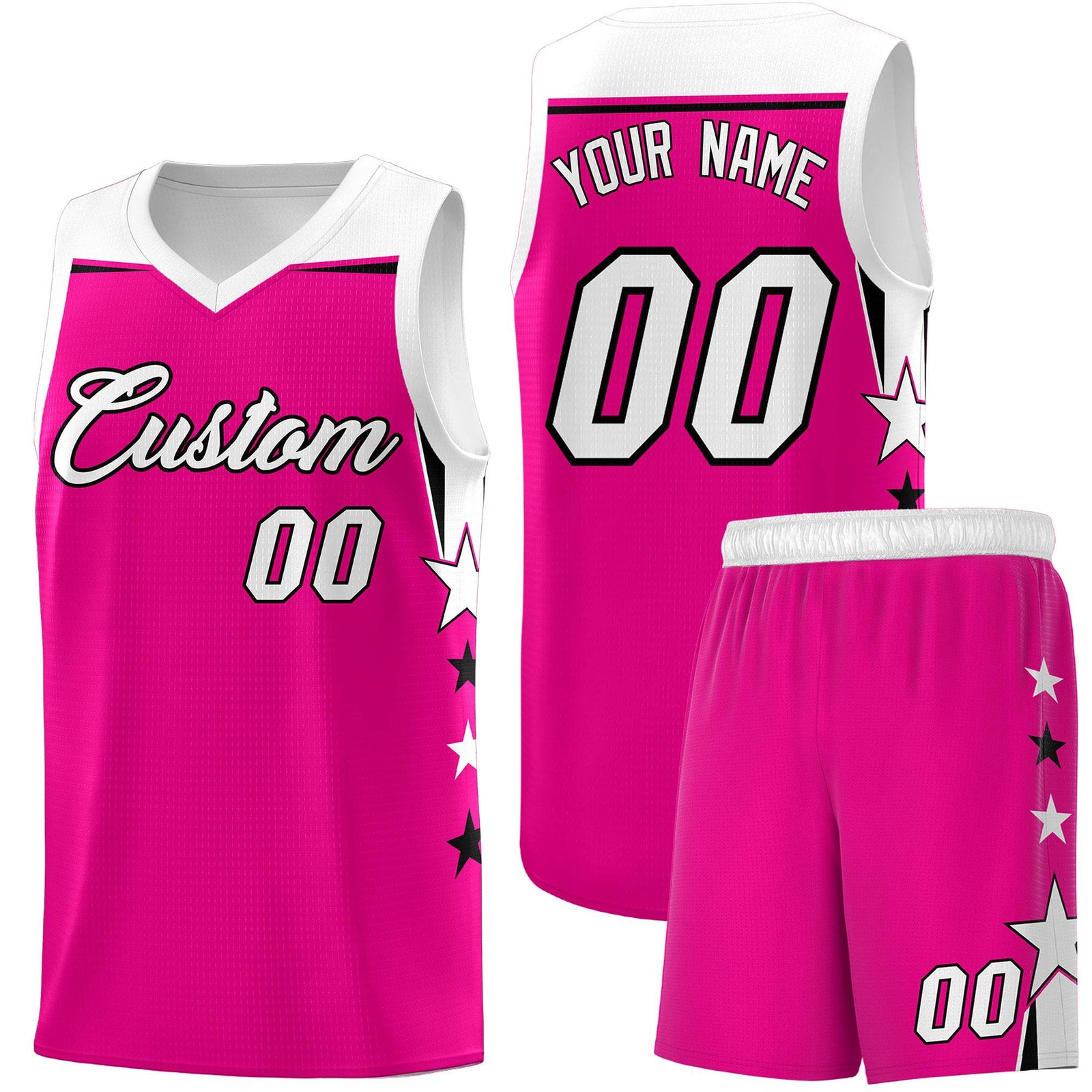 Custom Youth Basketball Uniform Pink White Two Tone Side Star Color Block Team Jersey