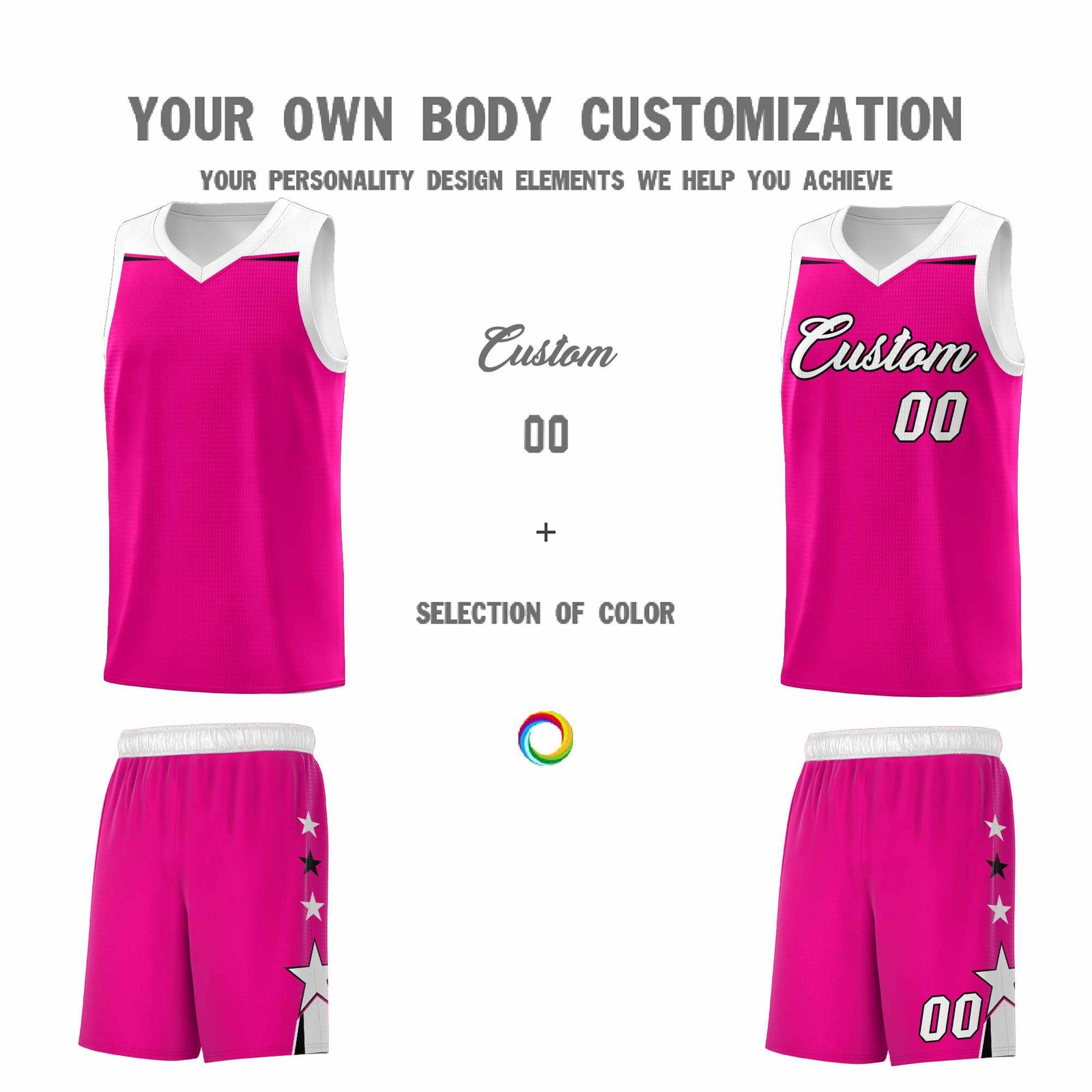 Custom Youth Basketball Uniform Pink White Two Tone Side Star Color Block Team Jersey