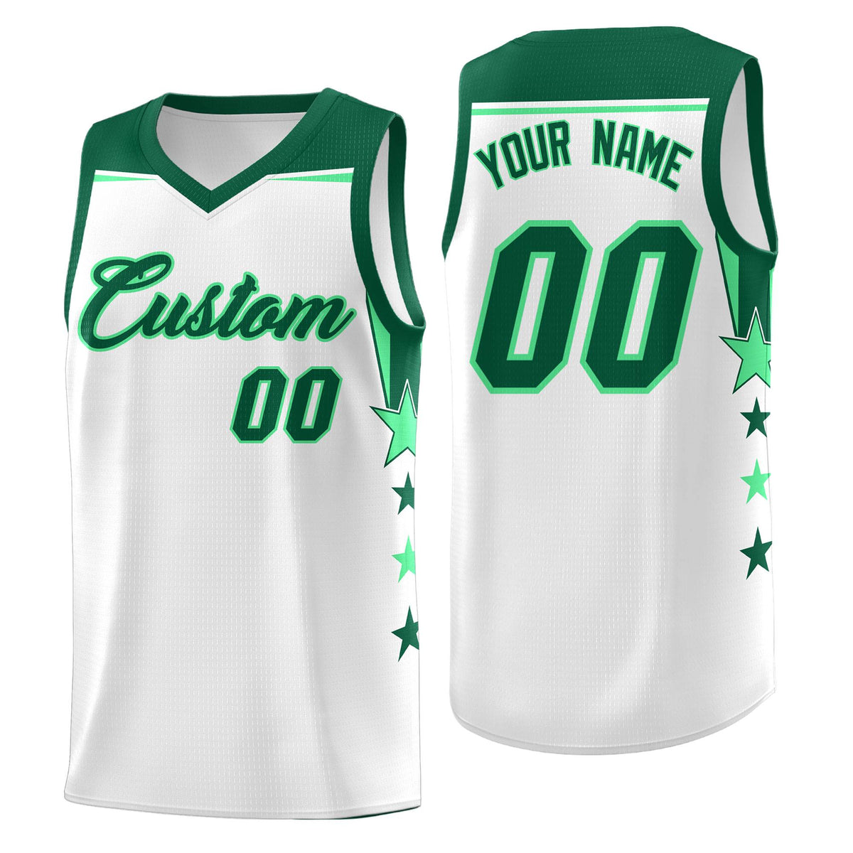 Custom Youth Basketball Uniform White Kelly Green Two Tone Side Star Add Name Number &amp; Logo