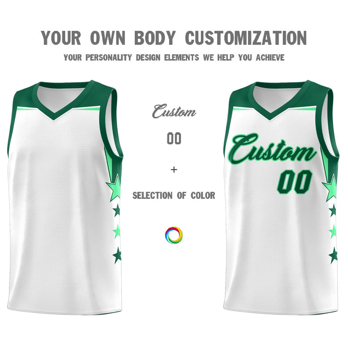 Custom Youth Basketball Uniform White Kelly Green Two Tone Side Star Add Name Number &amp; Logo