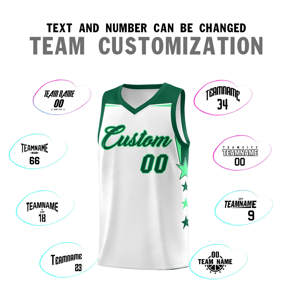 Custom Youth Basketball Uniform White Kelly Green Two Tone Side Star Add Name Number &amp; Logo