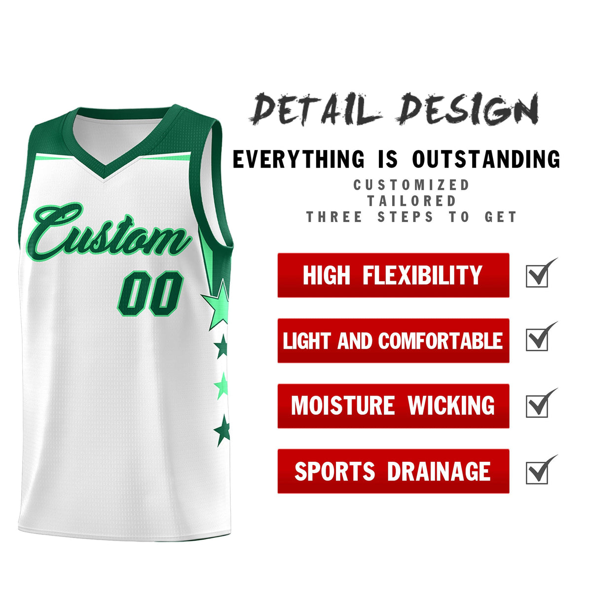 Custom Youth Basketball Uniform White Kelly Green Two Tone Side Star Add Name Number &amp; Logo