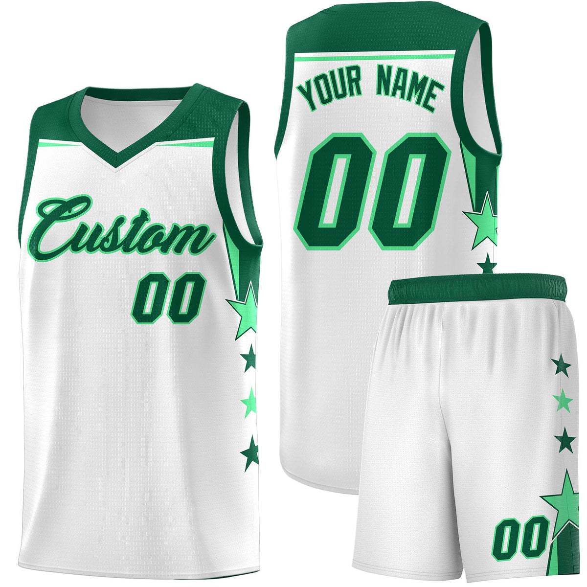 Custom Youth Basketball Uniform White Kelly Green Two Tone Side Star Add Name Number &amp; Logo
